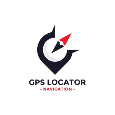GPS yer belirleyici logo tasarım şablonu. Pusula ve GPS haritası konum ikon vektör kombinasyonu. Yaratıcı pusula logo sembolü kavramı.