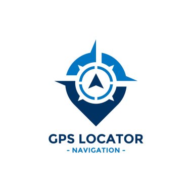 GPS yer belirleyici logo tasarım şablonu. Pusula ve GPS haritası konum ikon vektör kombinasyonu. Yaratıcı pusula logo sembolü kavramı.