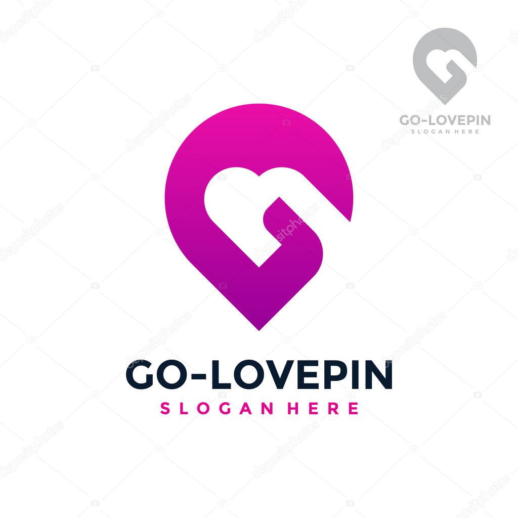 Letter G for love location logo design template. Concept of favorite place isolated with flat style icon modern. Creative map pointer with heart vector symbol.