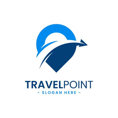 Seyahat noktası logo tasarım şablonu. Uçak kombinasyonlu iğne simgesi. Tatil kavramı, turizm, gezi, keşif, vs..