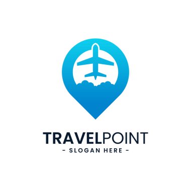 Seyahat noktası logo tasarım şablonu. Uçak kombinasyonlu iğne simgesi. Tatil kavramı, turizm, gezi, keşif, vs..