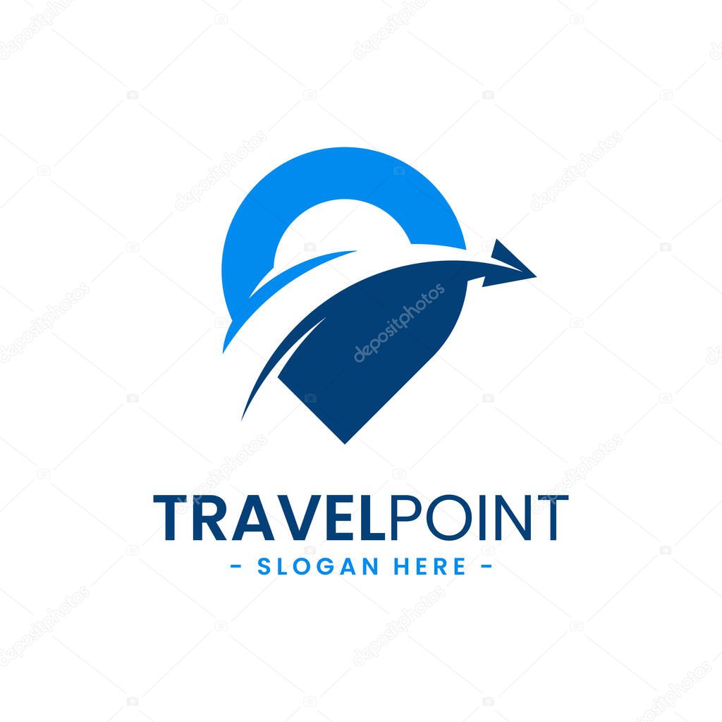 Travel point logo design template. Pin icon with airplane combination. Concept of holiday, tourism, trip, exploration, etc.