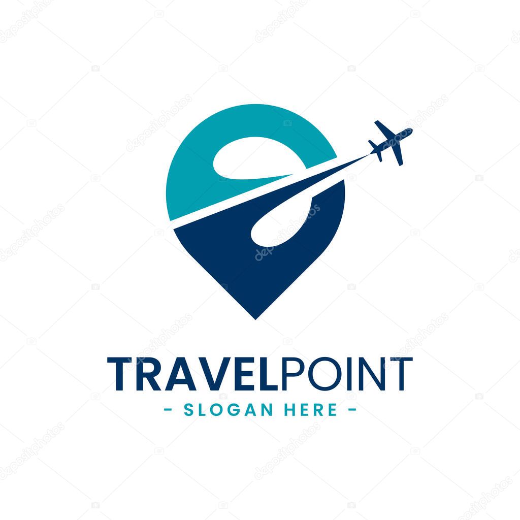 Travel point logo design template. Pin icon with airplane combination. Concept of holiday, tourism, trip, exploration, etc.