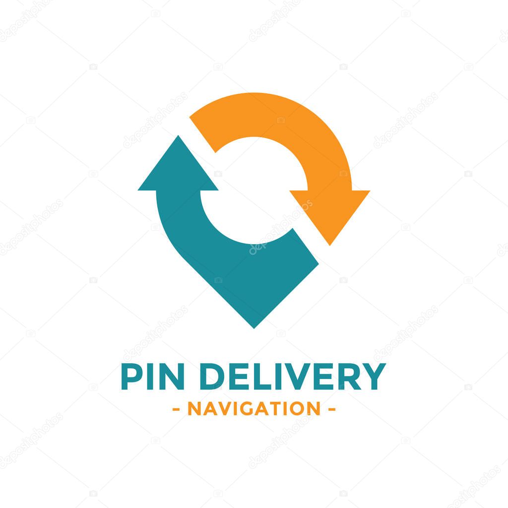 Pin delivery logo design template. Location arrows logotype. Circular point symbol.