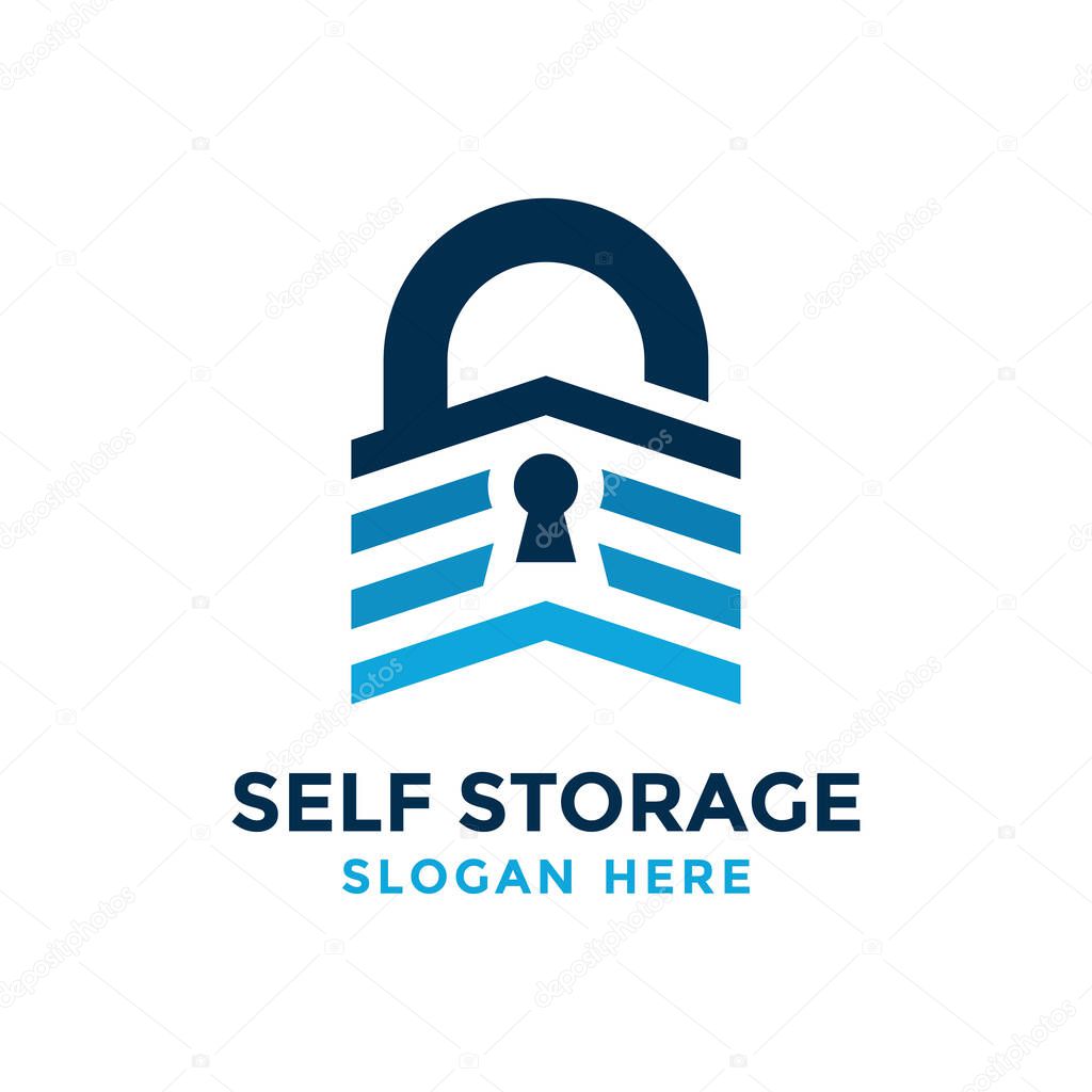 Self storage logo design template. Safe storage garage vector illustration. With concept of padlock and garage symbol combination.