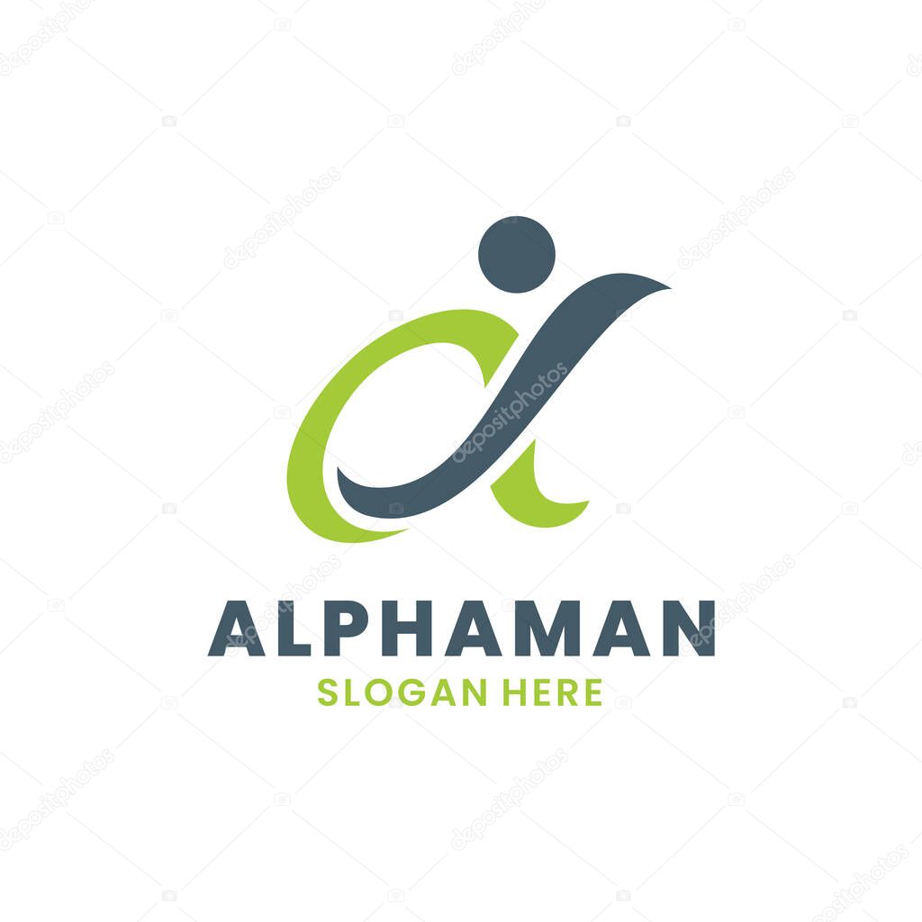 Alpha logo with human vector illustration. Creative growth logo, marketing, success and health concept.