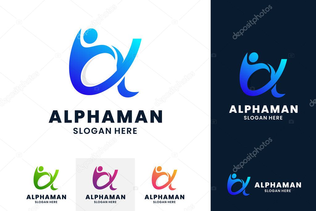 Alpha logo with human vector illustration. Creative growth logo, marketing, success and health concept.