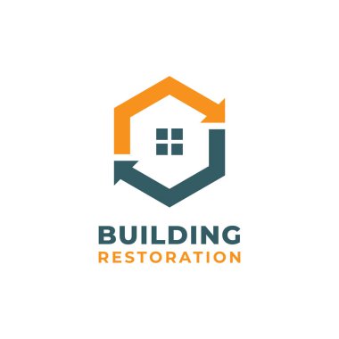 Bina Restorasyon Logosu Şablonu Tasarımı. Dairesel okla hasar gören ev kurtarma logosu.