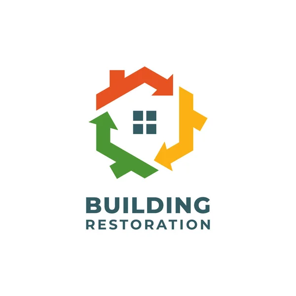 Diseño Plantilla Logotipo Restauración Edificios Logotipo Recuperación Daños Con Flecha — Vector de stock