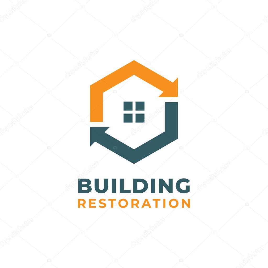 Building Restoration Logo Template Design. Home recovery logo from damage with circular arrow.