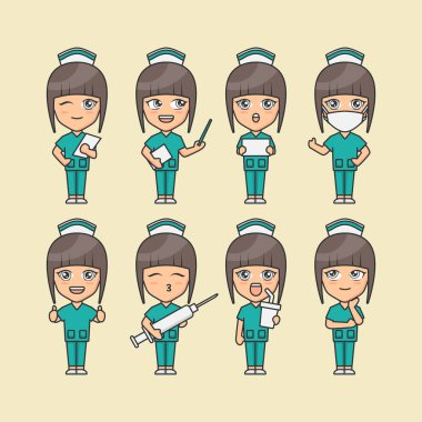 Hemşire üniformalı, farklı pozlarda mutlu bir kadın. Kadın hemşire karakteri