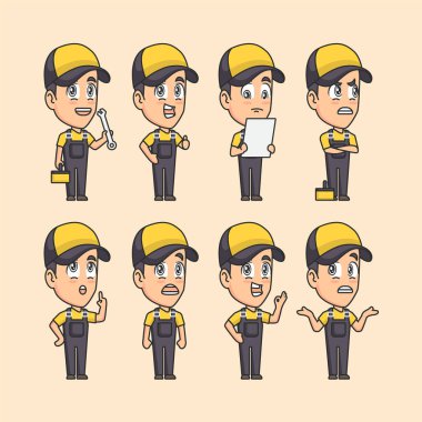 Farklı pozlarda üniformalı profesyonel teknisyen. Üniformalı inşaatçı ya da inşaat işçisi