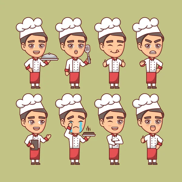 Set Van Leuke Chef Kok Verschillende Pose Illustratie Cartoon Plat — Stockvector