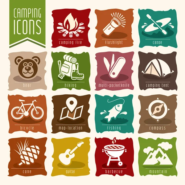 Verano camping icono conjunto — Vector de stock