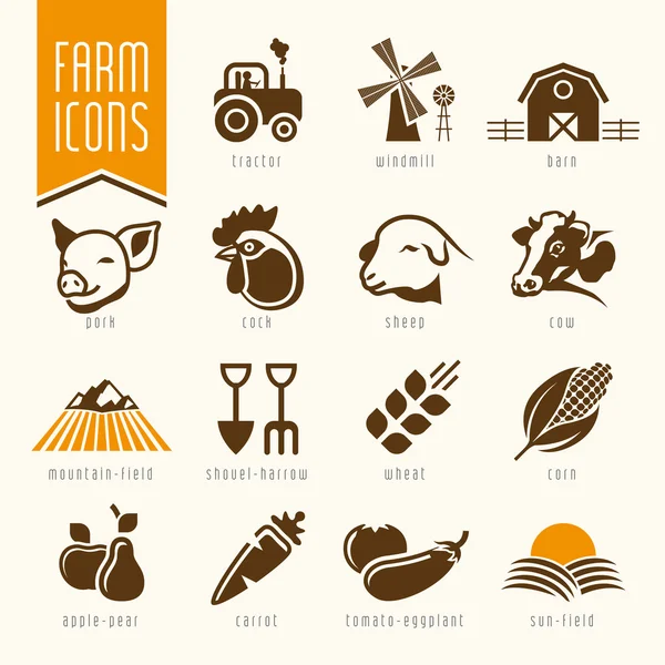 Granja y carnicería icono conjunto — Vector de stock