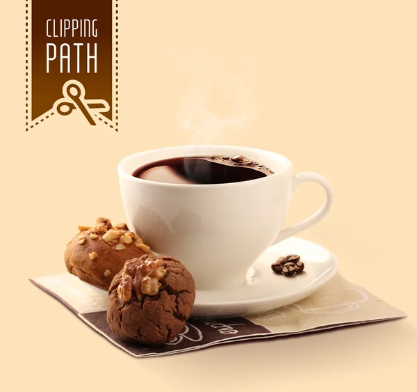 Walnut and hazelnut cookies with coffee. Clipping path. — Stock Photo, Image