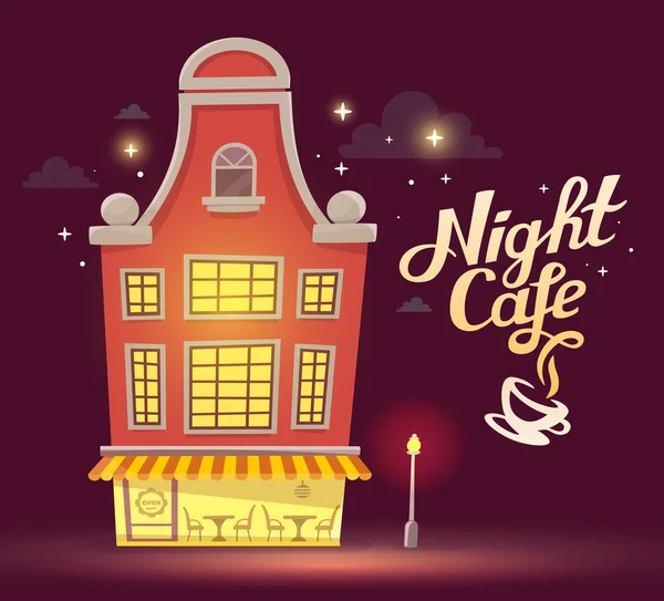 Ilustração de café da noite com lâmpada de rua —  Vetores de Stock