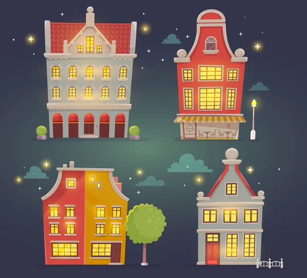 Набор иллюстраций ночных городских зданий — стоковый вектор