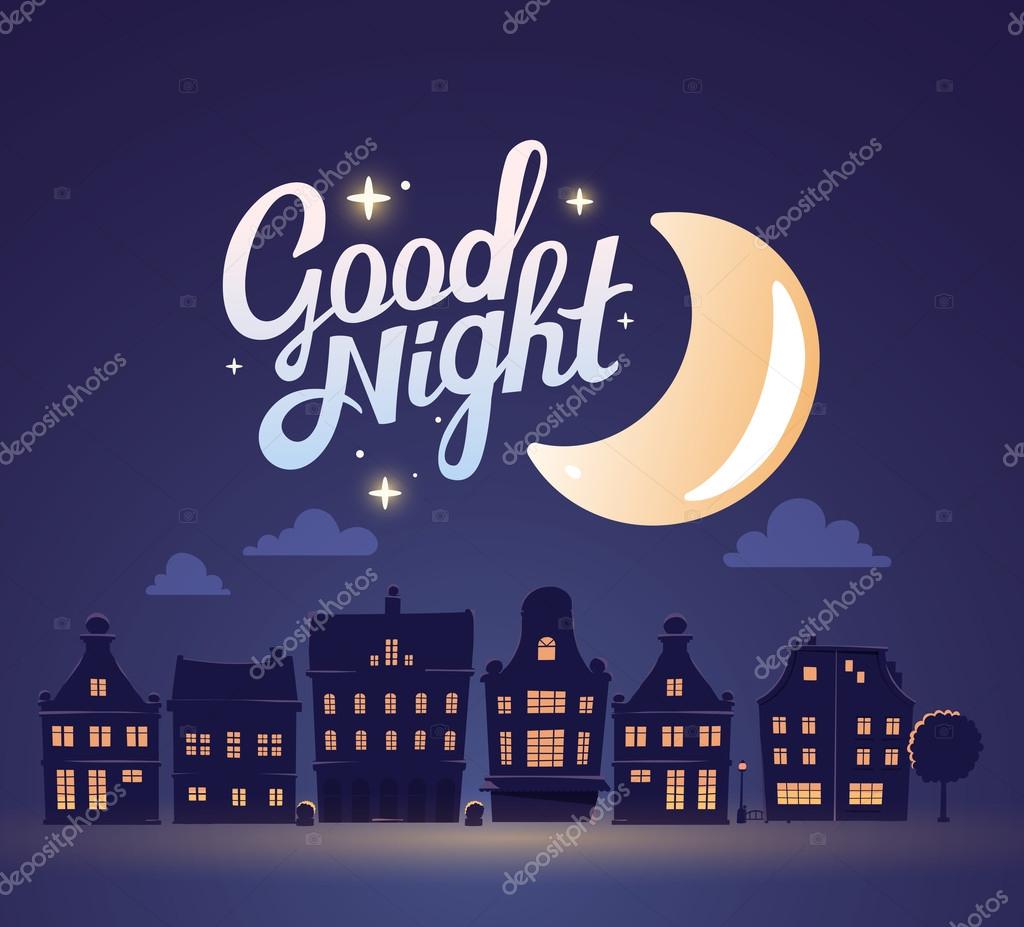 Tarjeta de buenas noches con luna y silueta de ciudad nocturna