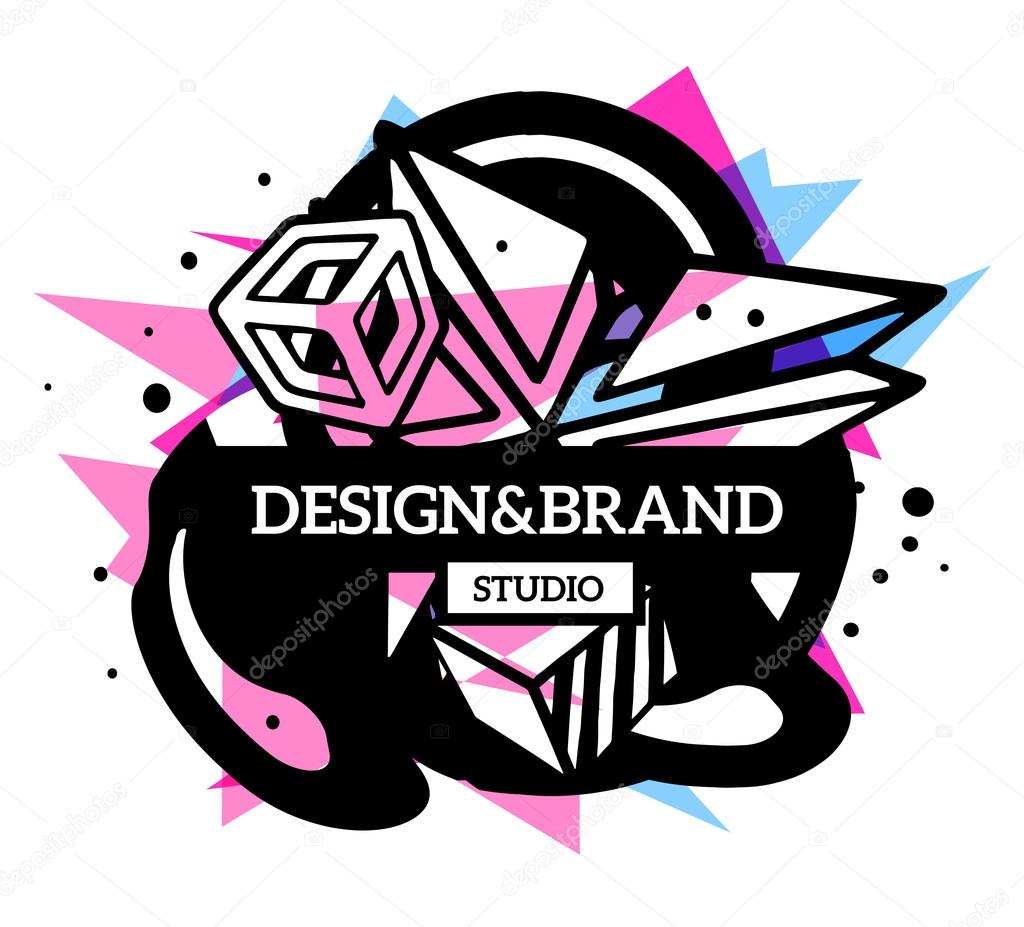 Vector illustration of colorful pink and blue abstract composition with black frame and text isolated on white background. Line art design for web, site, banner, poster, board, card, paper print, t-shirt.
