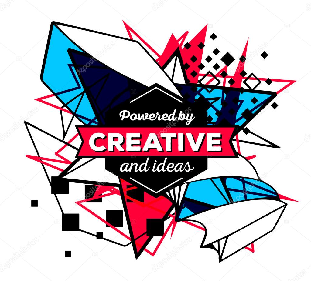 Vector illustration of colorful red and blue abstract composition with black frame and text isolated on white background. Line art design for web, site, banner, poster, board, card, paper print, t-shirt.