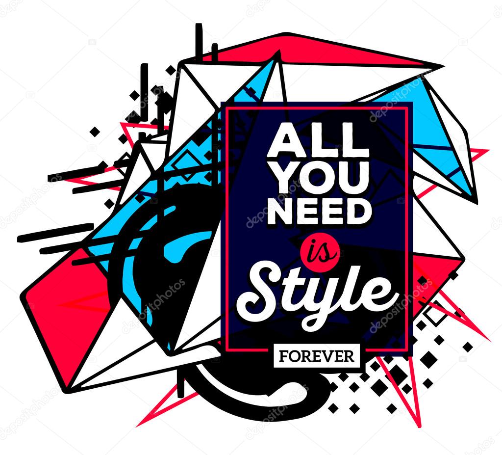 Vector illustration of colorful red and blue abstract composition with black frame and text isolated on white background. Line art design for web, site, banner, poster, board, card, paper print, t-shirt.