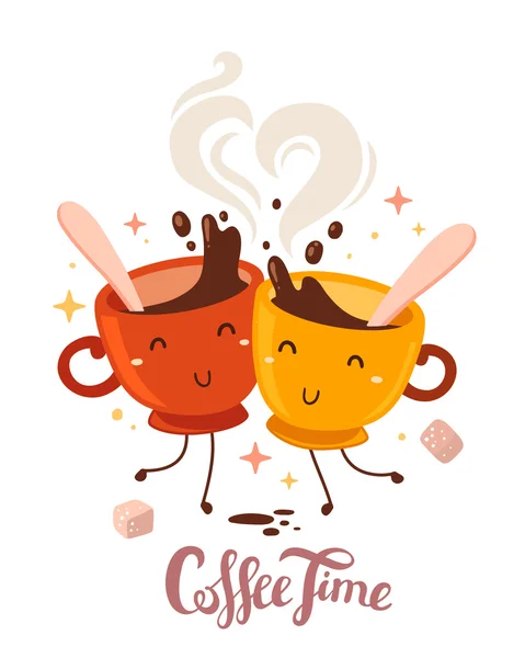 Friend characters dancing cups of coffee — Stock Vector