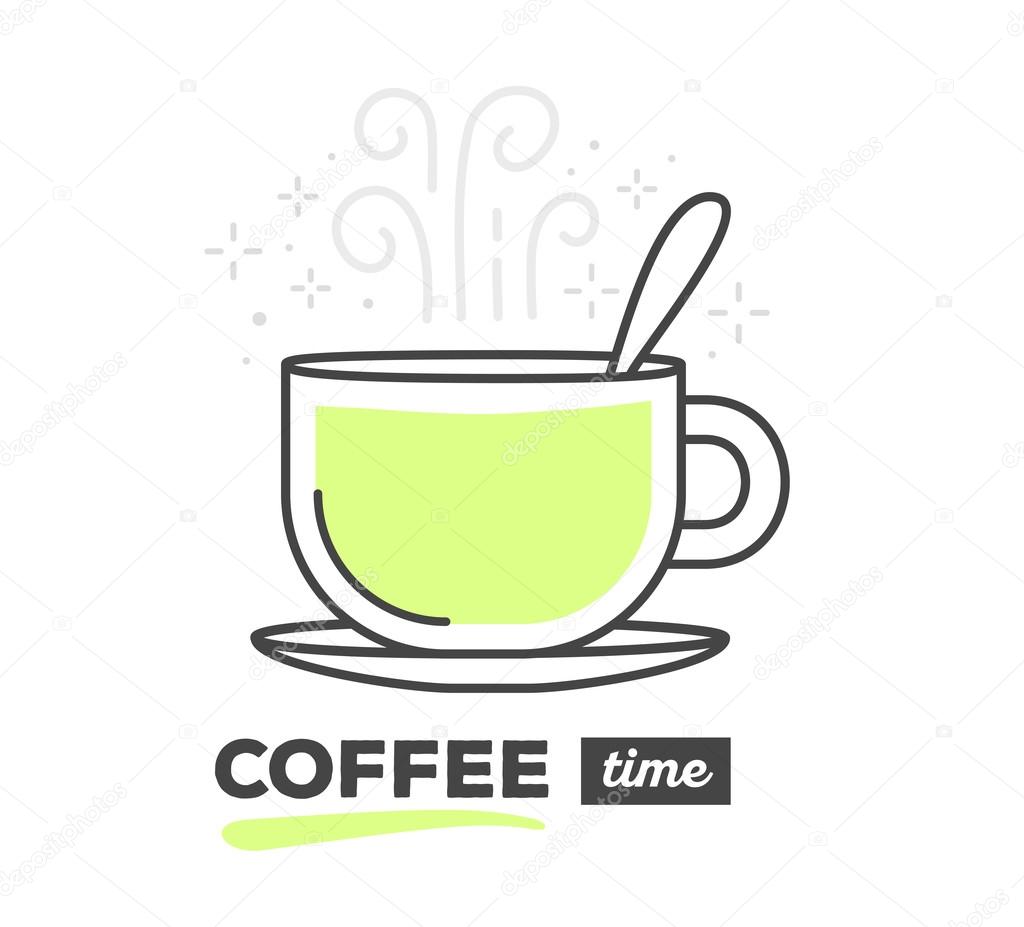 Vector illustration of creative cup of coffee with spoon with text on white background. Coffee time concept. Hand draw flat thin line art style monochrome design of coffee with green color for web, site, advertising, banner, poster, print