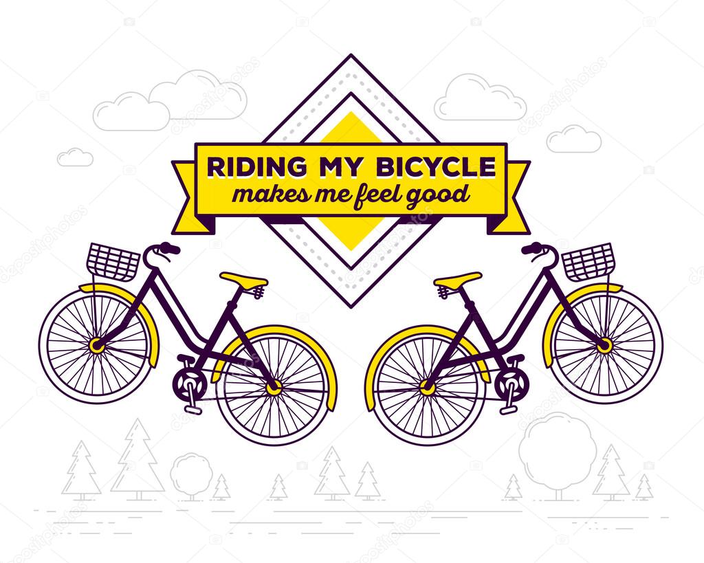Vector illustration of retro bicycles with baskets and text riding my bicycle makes me feel good on white outdoor background. Bike emblem concept. Thin line art flat design of vintage bicycle, riding on the bicycle and cycling theme