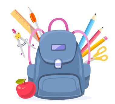 Büyük mavi sırt çantası Kırmızı elma ile vektör renkli çizim