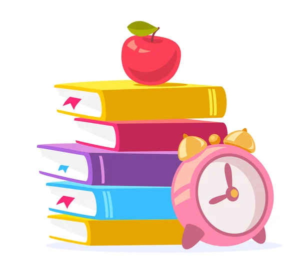 Vector colorful illustration of stack of books, red apple and bi — Stock Vector