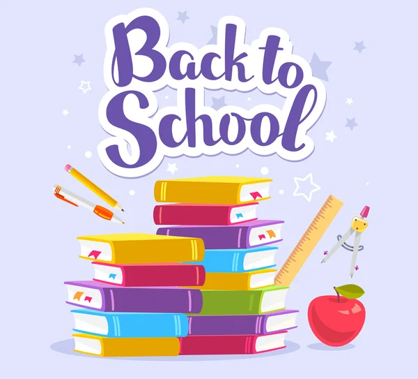 Ilustração colorida vetorial de pilha de livros, maçã, sta escolar —  Vetores de Stock