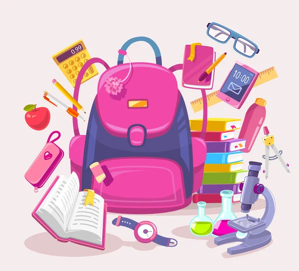 Vektor bunte Illustration von großen Mädchen rosa Rucksack, Stapel von — Stockvektor