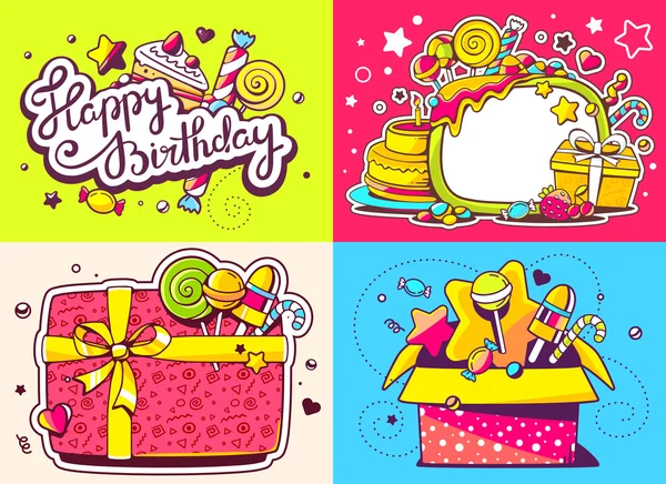 Vector creativo colorido conjunto de ilustración de cumpleaños con regalo — Vector de stock