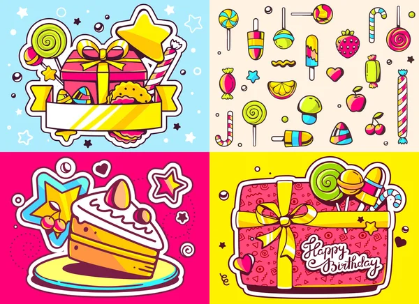 Vector creativo colorido conjunto de ilustración de cumpleaños con regalo — Vector de stock