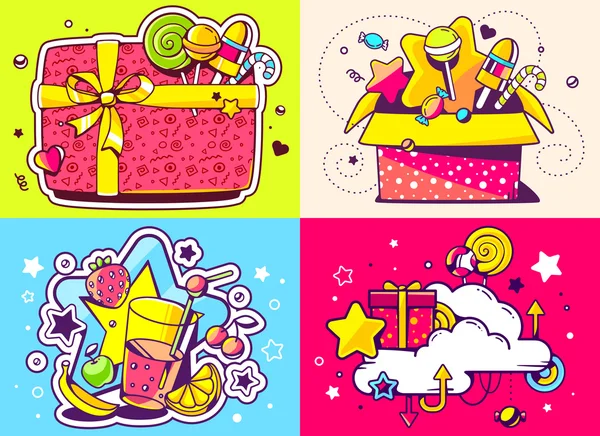 Векторний креативний барвистий набір ілюстрацій до дня народження з подарунком — стоковий вектор
