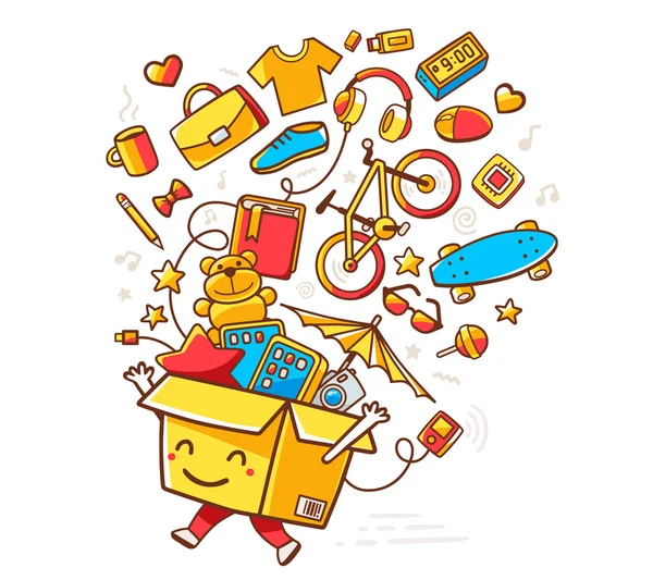 Vektor Illustration von bunten Lächeln Charakter Shopping Box Witz — Stockvektor