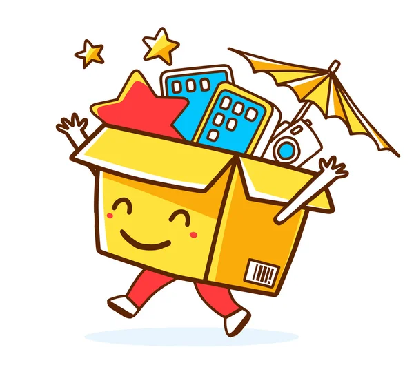 Ilustración vectorial de colorida sonrisa personaje caja de compras ingenio — Vector de stock