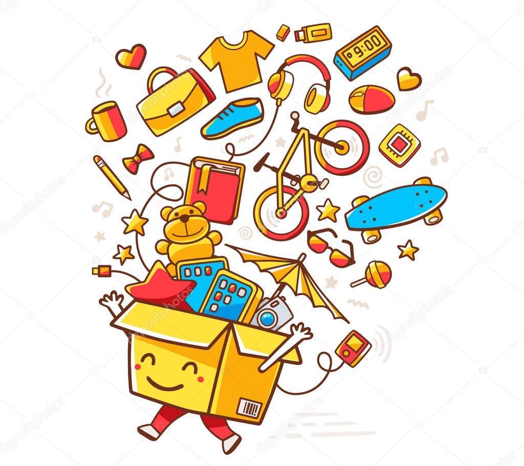 Vector colorful illustration of yellow smile character shopping box with lot of purchases on white background. Doodle style. Thin line art flat design of shopping box character with hands, legs