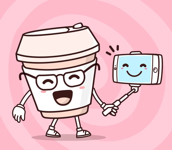 Ilustração vetorial de cor sorriso takeaway xícara de café com phon — Vetor de Stock