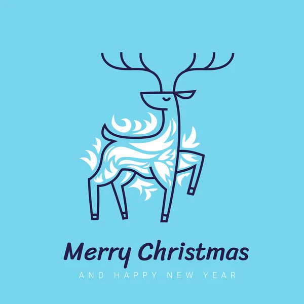 テキストと青の色の背景に装飾的なパターンを持つクリスマス鹿のベクトルラインアートイラスト — ストックベクタ