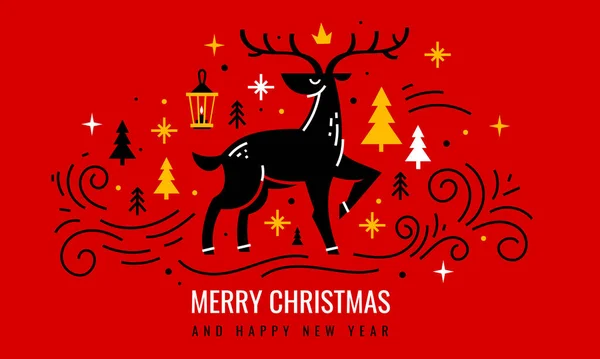 テキストと赤い色の背景に装飾的な休日の要素を持つクリスマス鹿のベクトルラインアートイラスト — ストックベクタ