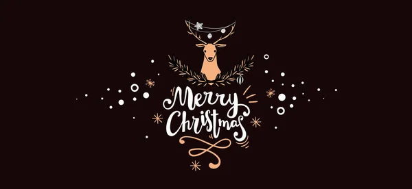 雪と暗い色の背景に金色の鹿やレタリングメリークリスマスのクリスマスのベクトルイラスト — ストックベクタ
