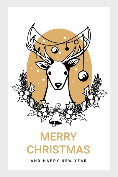 雪とテキストと白と黄金の色の背景にフレーム内の鐘とホリーの葉で装飾トウヒ小枝花輪とクリスマス鹿のベクトルラインアートイラスト — ストックベクタ