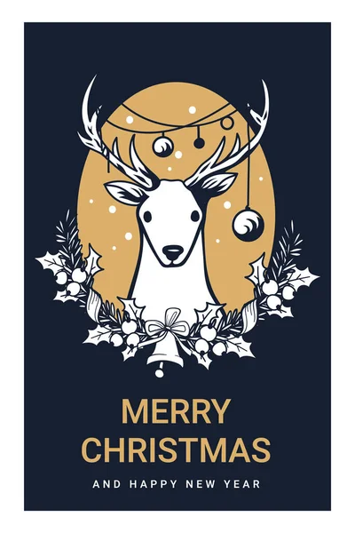雪とテキストと黄金の色の背景に鐘とホリーの葉で装飾トウヒ小枝花輪とクリスマス鹿のベクトルラインアートイラスト — ストックベクタ
