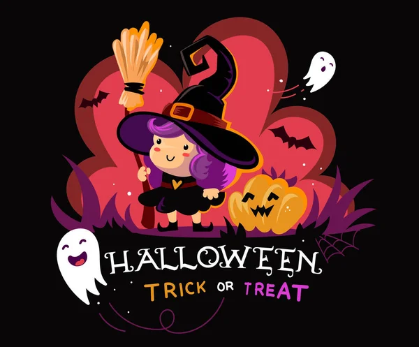 Vektor Halloween Illustration Häxa Karaktär Med Kvast Hatt Och Pumpa — Stock vektor