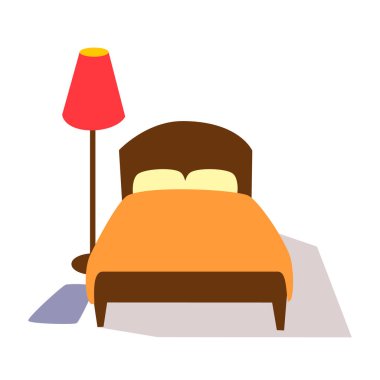 Beyaz arka planda yastıklı ve battaniyeli bir yatağın vektör çizimi 