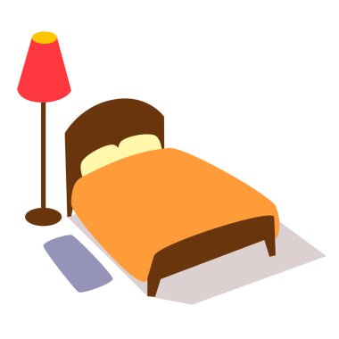 Beyaz zemin üzerinde lamba olan bir yatağın vektör illüstrasyonu 