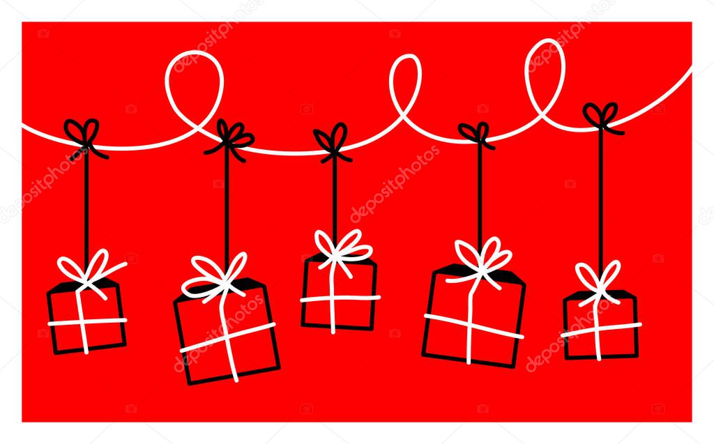 Vector illustration of garland with gift boxes on red background