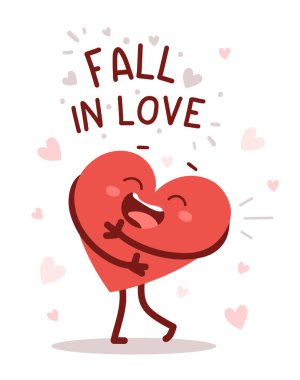 Vektör kırmızı, sevimli, mutlu kalp karakteri beyaz arka planda gülüşerek kendine sarılıyor. Romantik düz stil Sevgililer Günü illüstrasyonuName